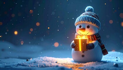 Adorable 3D render of cute snowman holding glowing Christmas gift box, dark blue background, magical festive illustration for holiday design