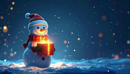 Adorable 3D render of cute snowman holding glowing Christmas gift box, dark blue background, magical festive illustration for holiday design