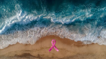 Fototapeta premium A pink ribbon drawn in sand at the beach with ocean waves