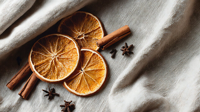 A rustic arrangement of dried orange slices, cinnamon sticks, star anise, and cloves on a light, textured linen fabric, evoking natural aromas and holiday warmth.
