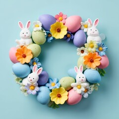 Easter wreath made of colorful spring flowers, leaves and easter eggs. Natural round frame layout with paper card. Flat lay.