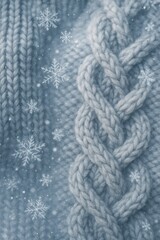 Blue cable-knit background with delicate snowflakes—cozy winter texture for holiday designs and seasonal branding.