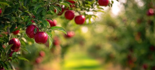 Obraz premium The vibrant apples hanging in a picturesque orchard during harvest season.