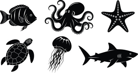 Marine life illustration set, fish, octopus, starfish, turtle, jellyfish, shark, ocean animals, aquatic wildlife, black and white design