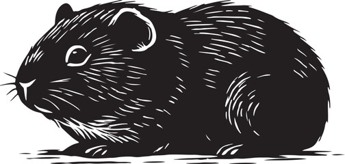 Black and white woodcut illustration of a guinea pig with textured fur sitting on a white background