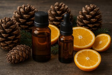 Amber oil bottles with orange slices, pine cones, and evergreen—natural winter aromatherapy scene on rustic wood.