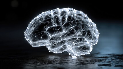 Glowing human brain with neural network connections, abstract visualization of artificial intelligence, deep learning, cognitive science, innovation and futuristic technology concept.