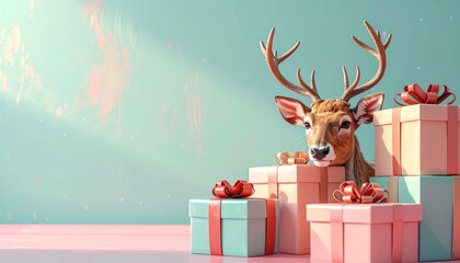 Playful 3D render of reindeer hiding behind stacked Christmas gift boxes, pastel background, fun seasonal design with holiday spirit.