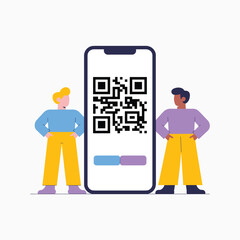 Two men standing next to a large smartphone displaying aQR code QR code scanning