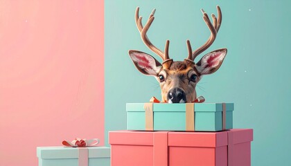 Playful 3D render of reindeer hiding behind stacked Christmas gift boxes, pastel background, fun seasonal design with holiday spirit.