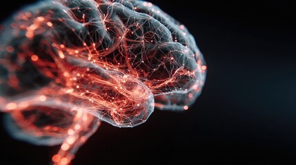 Glowing human brain with neural network connections, abstract visualization of artificial intelligence, deep learning, cognitive science, innovation and futuristic technology concept.