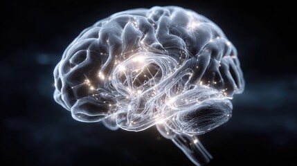Glowing human brain with neural network connections, abstract visualization of artificial intelligence, deep learning, cognitive science, innovation and futuristic technology concept.