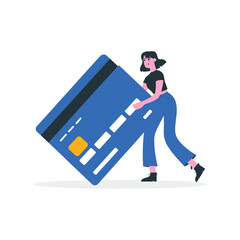 Woman holding a large blue credit card on a white background debit card payment