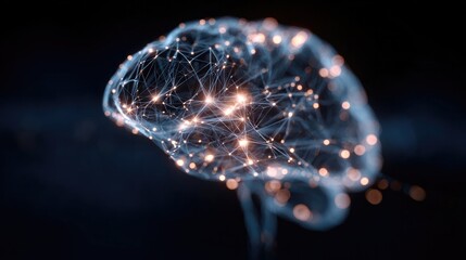 Glowing human brain with neural network connections, abstract visualization of artificial intelligence, deep learning, cognitive science, innovation and futuristic technology concept.