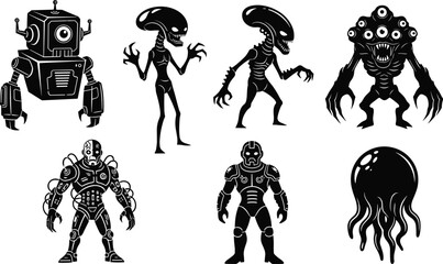 Sci-fi character illustration set, robot, alien, armored humanoid, monster, jellyfish creature, futuristic design, extraterrestrial, black and white artwork