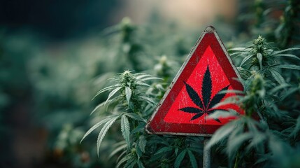 Warning sign with cannabis leaf symbol in greenhouse with marijuana plants, concept of regulation, agriculture, drug control, safety and cultivation.