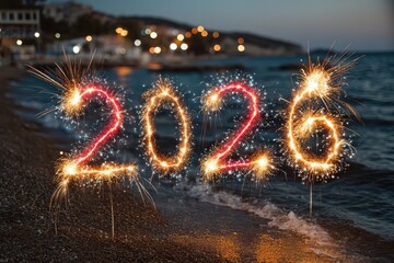Bright fireworks in the shape of 2026 over a serene beach at night