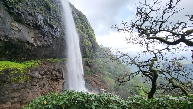 Cinematic shot of one of the famous waterfall of Maharashtra near Pune