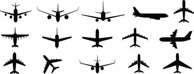 Airplane silhouette icons in grid layout, multiple views and models, black vector graphic for aviation, aircraft design, and flight use