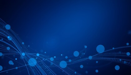 Abstract blue background with flowing lines and glowing circles representing data, technology, and digital connections.