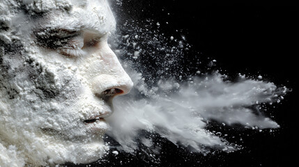 Obraz premium human face exploding with white drug powder symbolizing drug addiction and substance abuse