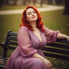 Peaceful redhead woman in a flowing purple dress relaxing with closed eyes on a park bench bathed in soft light.