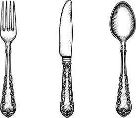 Vintage black and white sketch of fork, knife, and spoon utensils. Vector illustration