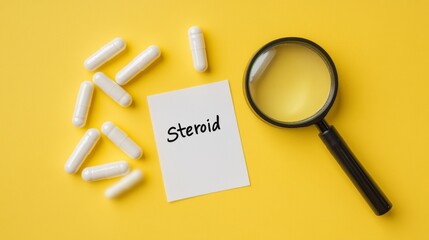 Sticky note with "Steroid" text and magnifying glass next to capsules on a yellow medical background. 