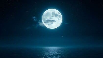 Naklejka premium Full moon over the ocean at night with reflection on the water.