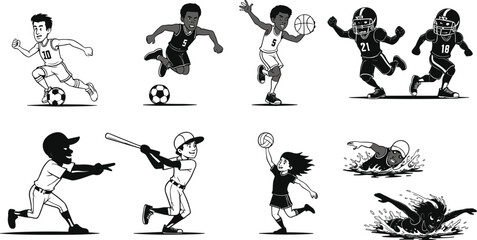 Sports athlete silhouettes, soccer, basketball, football, baseball, volleyball, swimming, action poses, teamwork, competition, fitness, black and white illustration set