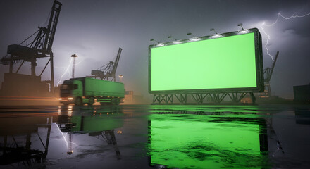 Large green screen billboard in a stormy industrial port with a tanker truck, cranes, and lightning.