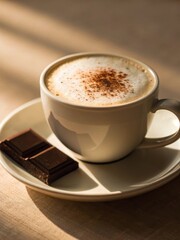 Obraz premium Romantic still life: coffee cup with cinnamon-dusted foam and chocolate, soft light, cozy atmosphere, perfect for dates