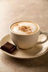 Overhead shot of coffee and chocolate, soft shadows, warm tones, ideal for Valentine&rsquo;s, Christmas or relaxation themes 