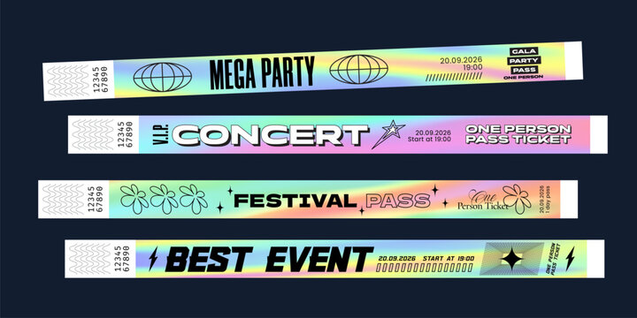 Festival Wrist Band Party Bracelet Mockups Set. Hologram Gradient Music Concert Event Wristband Bright Color Pass Templates. Vector Entry Stickers. Neon Style Access Arm Paper Admission Lanyards