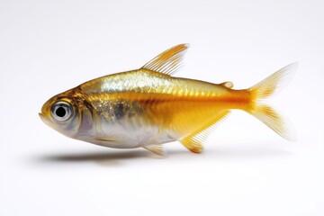 Obraz premium Studio close-up of a gold neon tetra fish with shimmering golden scales, tropical freshwater aquarium species isolated on white background