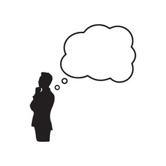 Silhouette of a man thinking with a blank thought bubble isolated on white background