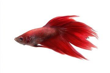 Fototapeta premium Studio photograph of a red veiltail betta fish with long flowing fins, tropical ornamental Siamese fighting fish isolated on white background