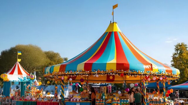 Colorful carnival scene with balloons in the foreground and a striped tent at a lively fair.