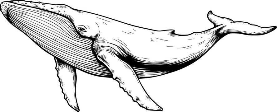 Line drawing of a majestic humpback whale with intricate details. Vector illustration