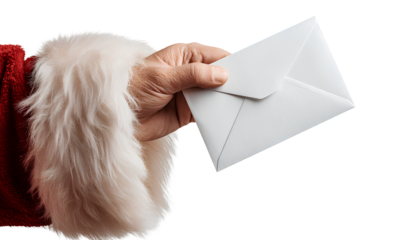  close-up of santa claus's hand holding a white envelope, isolated on a transparent background. png