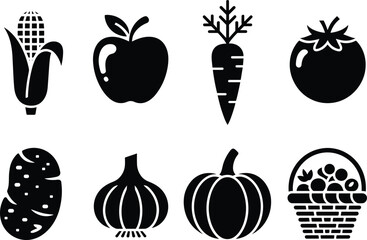 Fruit and vegetable silhouette icons with corn, apple, carrot, garlic, pumpkin, basket, black vector graphic for food and farming