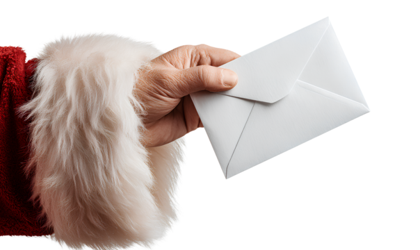  close-up of santa claus's hand holding a white envelope, isolated on a transparent background. png