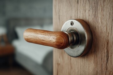 Wooden door handle and metal plate on partially open door revealing a blurry room