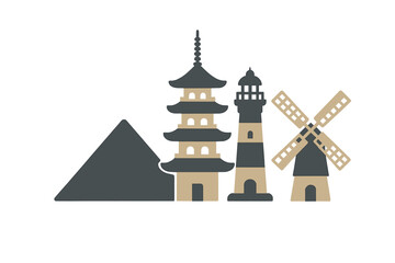 Collection of iconic global architectural structures and travel destination symbols including pyramid pagoda lighthouse windmill