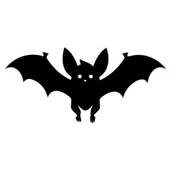 Silhouette of a bat with large ears and wings spread wide against a plain white background image view