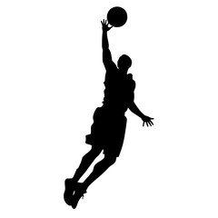 Silhouette of a basketball player reaching for a ball in mid air against a white background image view