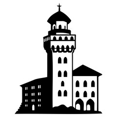 Obraz premium Silhouette of a casyle with tall tower and a domed top, and a cross on top of it, with adjacent buildings shown