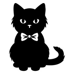 Illustration of a black cat with a bow tie sitting upright and looking forward with a curly tail visible