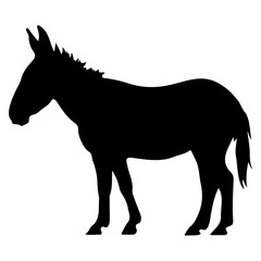 Silhouette of a donkey standing in profile with long ears and short mane on a white background image
