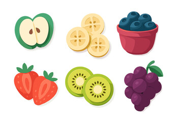 Vibrant selection of fresh natural produce featuring a variety of colorful fruits like apples, bananas, blueberries, strawberries, kiwi, and grapes